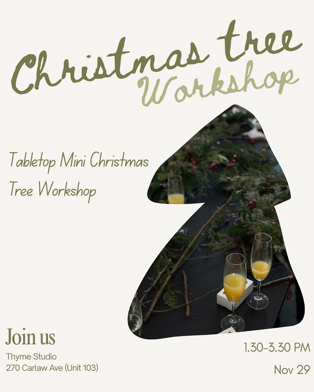 Tabletop Mini Christmas Tree Workshop poster for Thyme Studio at 270 Carlaw Ave in Toronto on November 29, featuring a tree-shaped photo frame with workshop table layout.